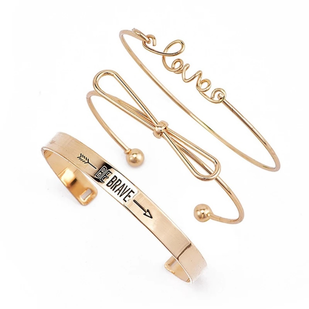 SILVER or GOLD " LOVE & BE BRAVE 3pc bracelets - Picture 5 of 6